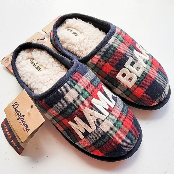NWT Women's Dearfoam Cozy Comfort Faux Fur Lined Md 7-8 Mama Bear Plaid Slippers - Picture 2 of 5